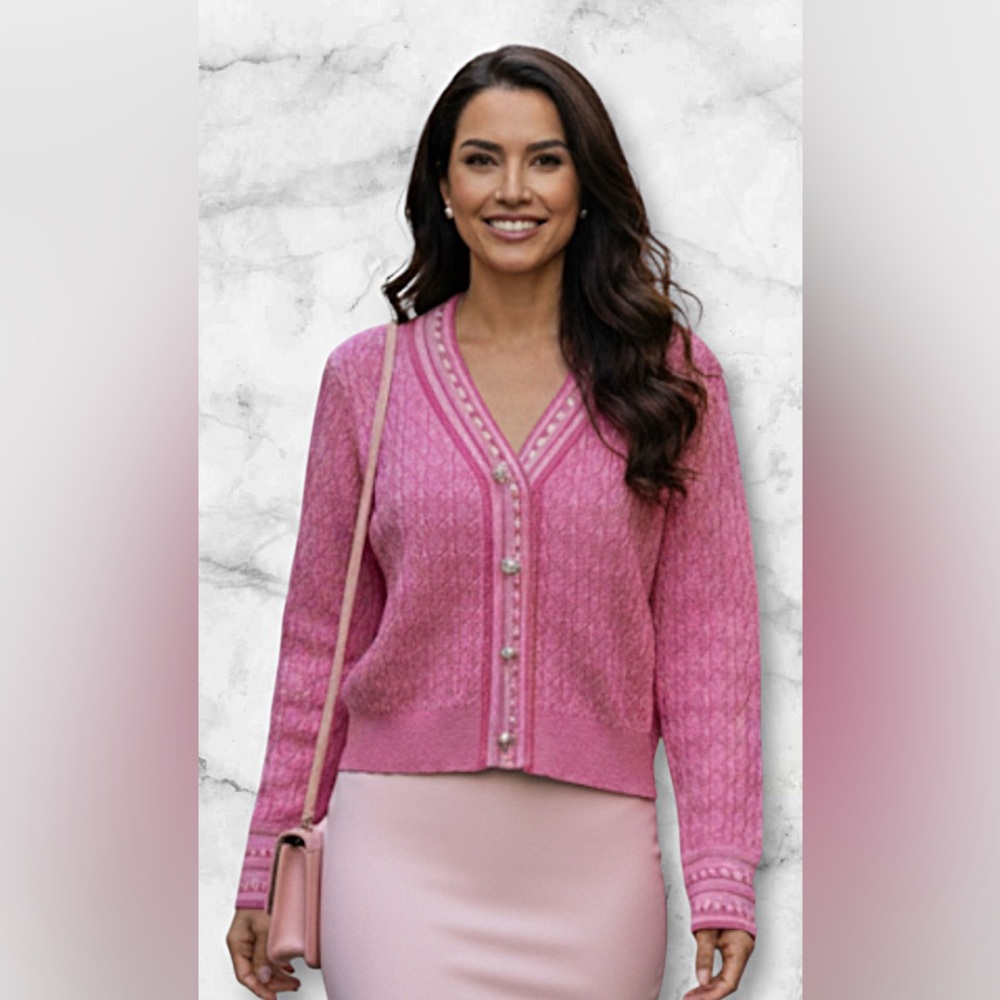 Nanette Lepore Pink Cable Knit Pullover Cardigan Sweater Pearl Buttons Size M